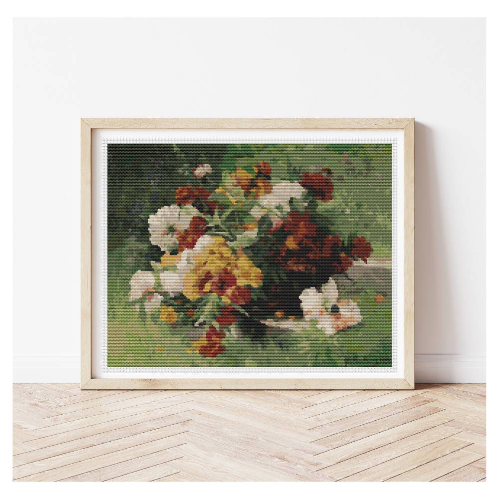 Flowers in a Willow Basket Counted Cross Stitch Pattern Eugène Henri Cauchois