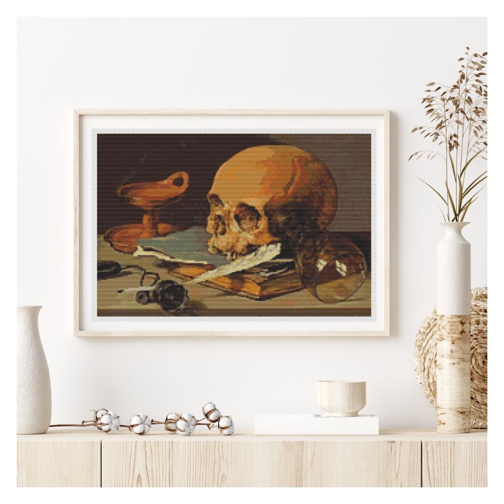 Still Life with a Skull and a Writing Quill Counted Cross Stitch Pattern Pieter Claesz