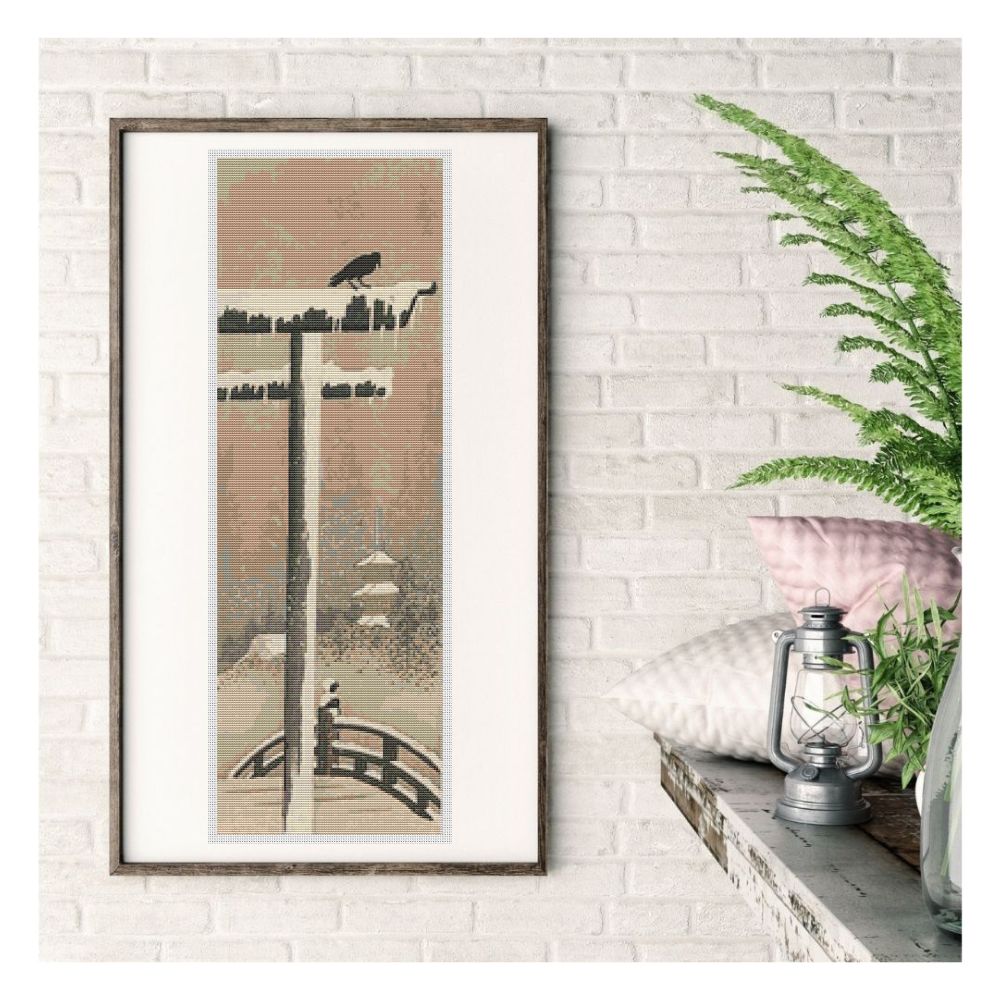 Torii and Crow in the Snow Counted Cross Stitch Pattern Ohara Koson