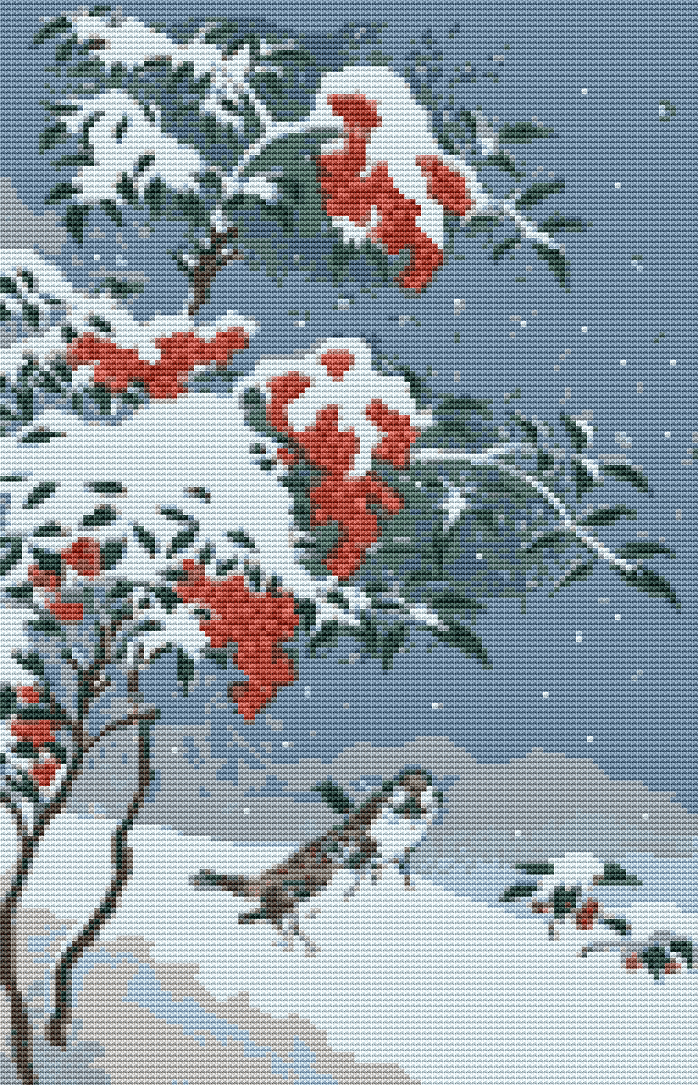 Sparrows and Nandin Cross Stitch Kit - Premium Cross Stitch Kit - Ohara Koson