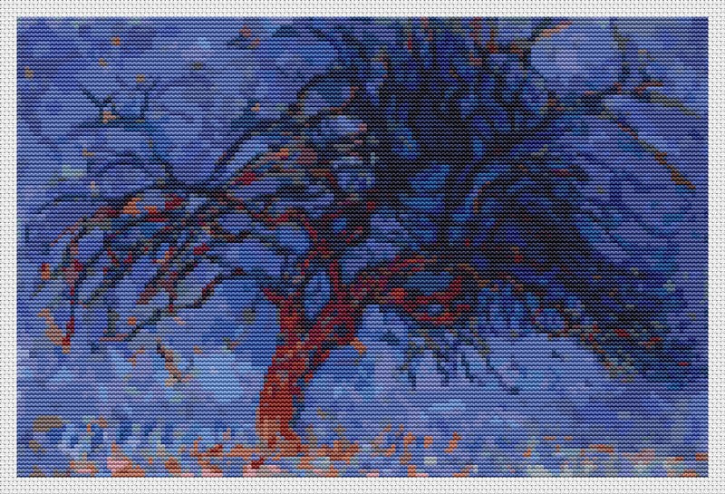 Evening Red Tree Counted Cross Stitch Pattern Piet Mondrian