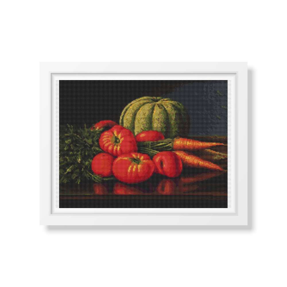 Still Life with Cantaloupe, Tomatoes, and Carrots Counted Cross Stitch Kit Levi Wells Prentice