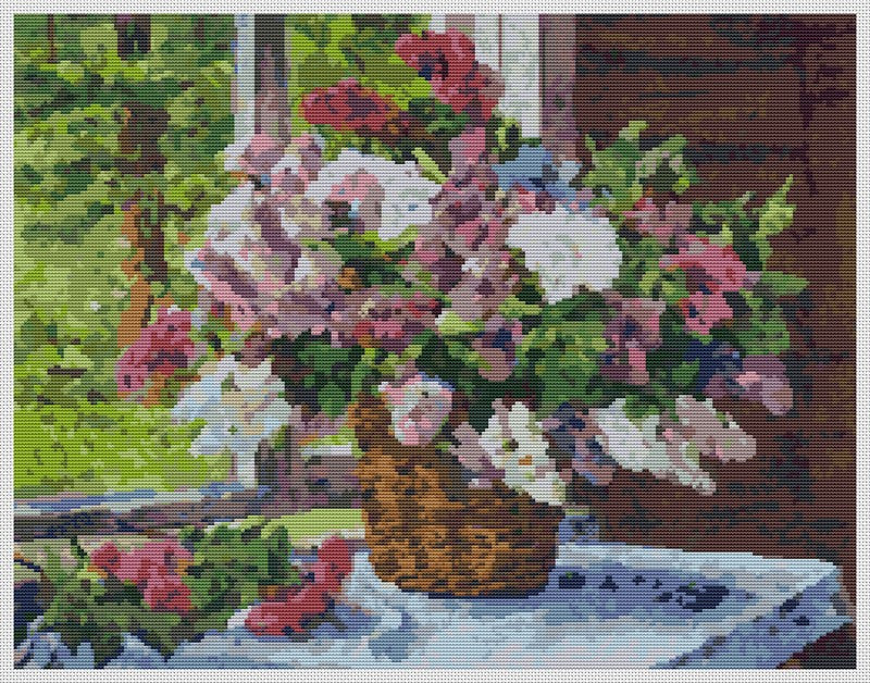 Lilacs by the Window Counted Cross Stitch Pattern Pyotr Konchalovsky