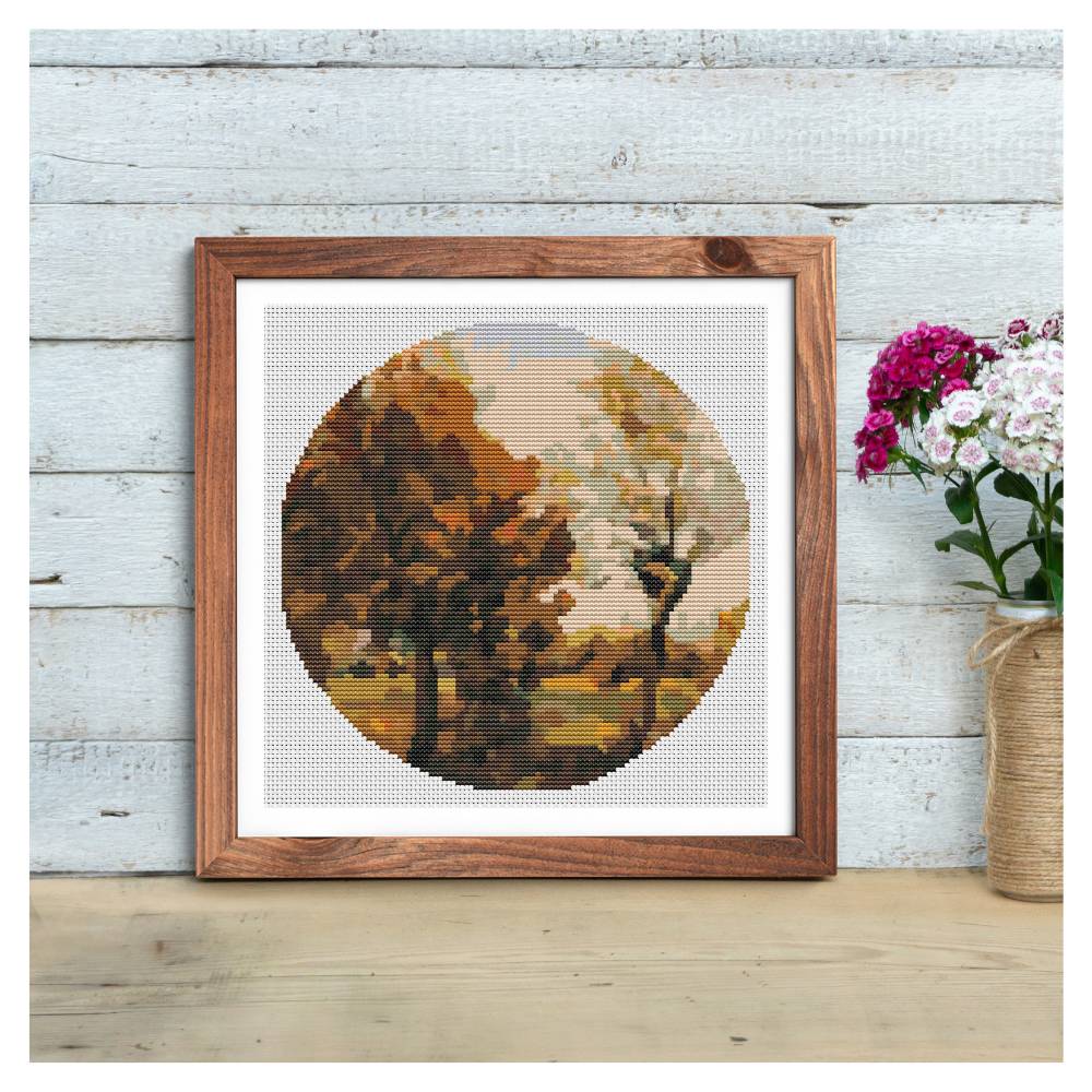 Autumn Landscape with Four Trees Circle Counted Cross Stitch Pattern Vincent Van Gogh