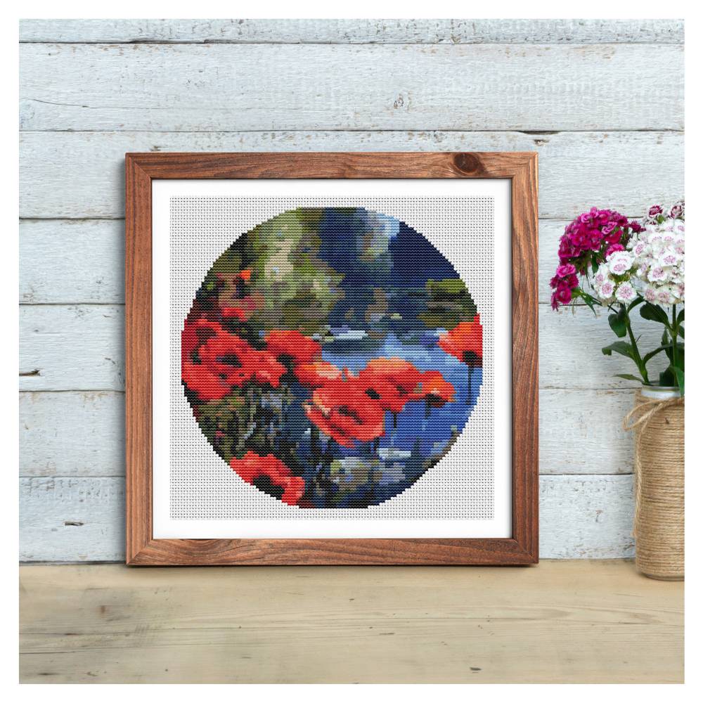 Poppies by the Pond Circle Counted Cross Stitch Pattern William Jabez Muckley