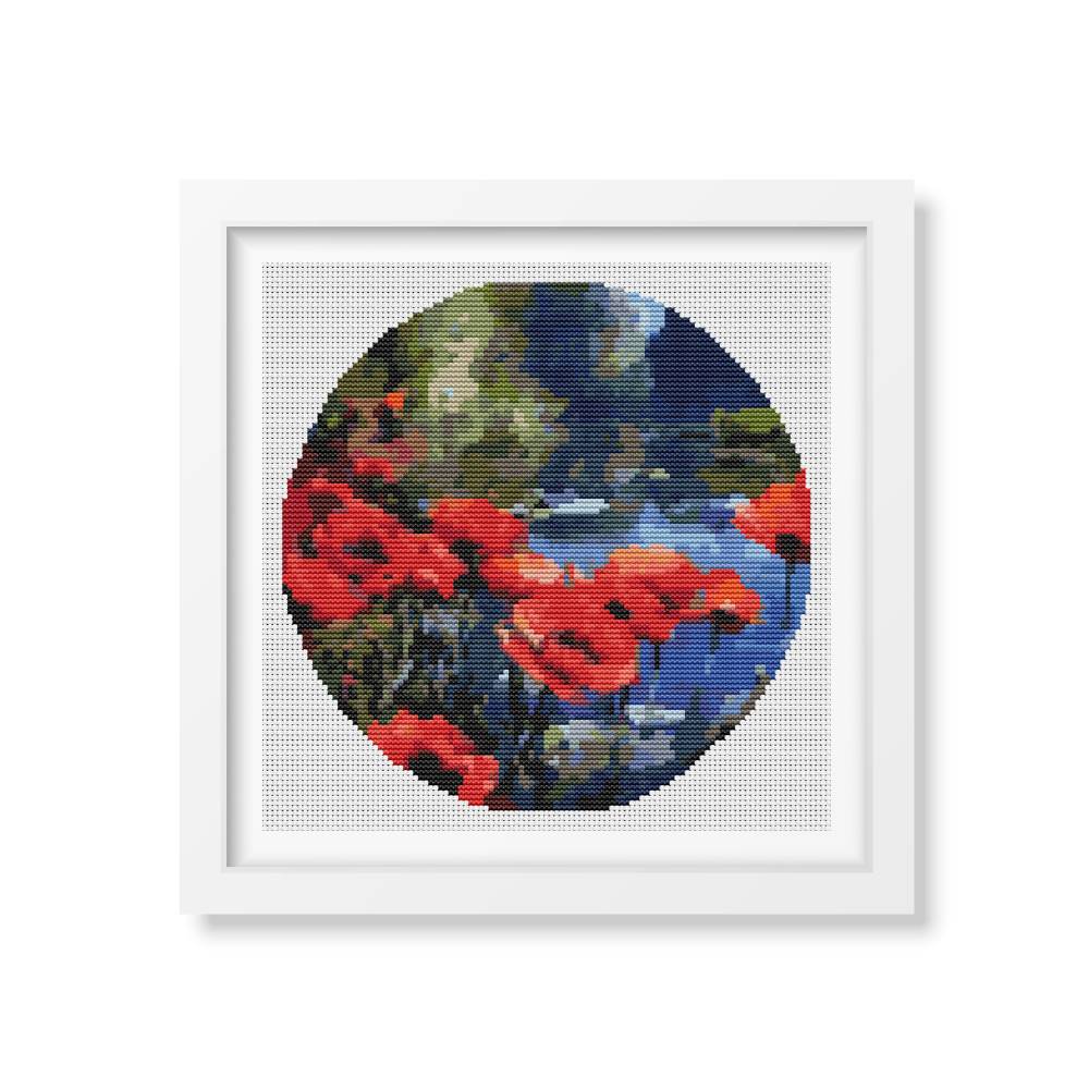 Poppies by the Pond Circle Counted Cross Stitch Pattern William Jabez Muckley