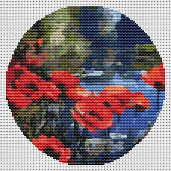 Poppies by the Pond Circle Counted Cross Stitch Pattern William Jabez Muckley