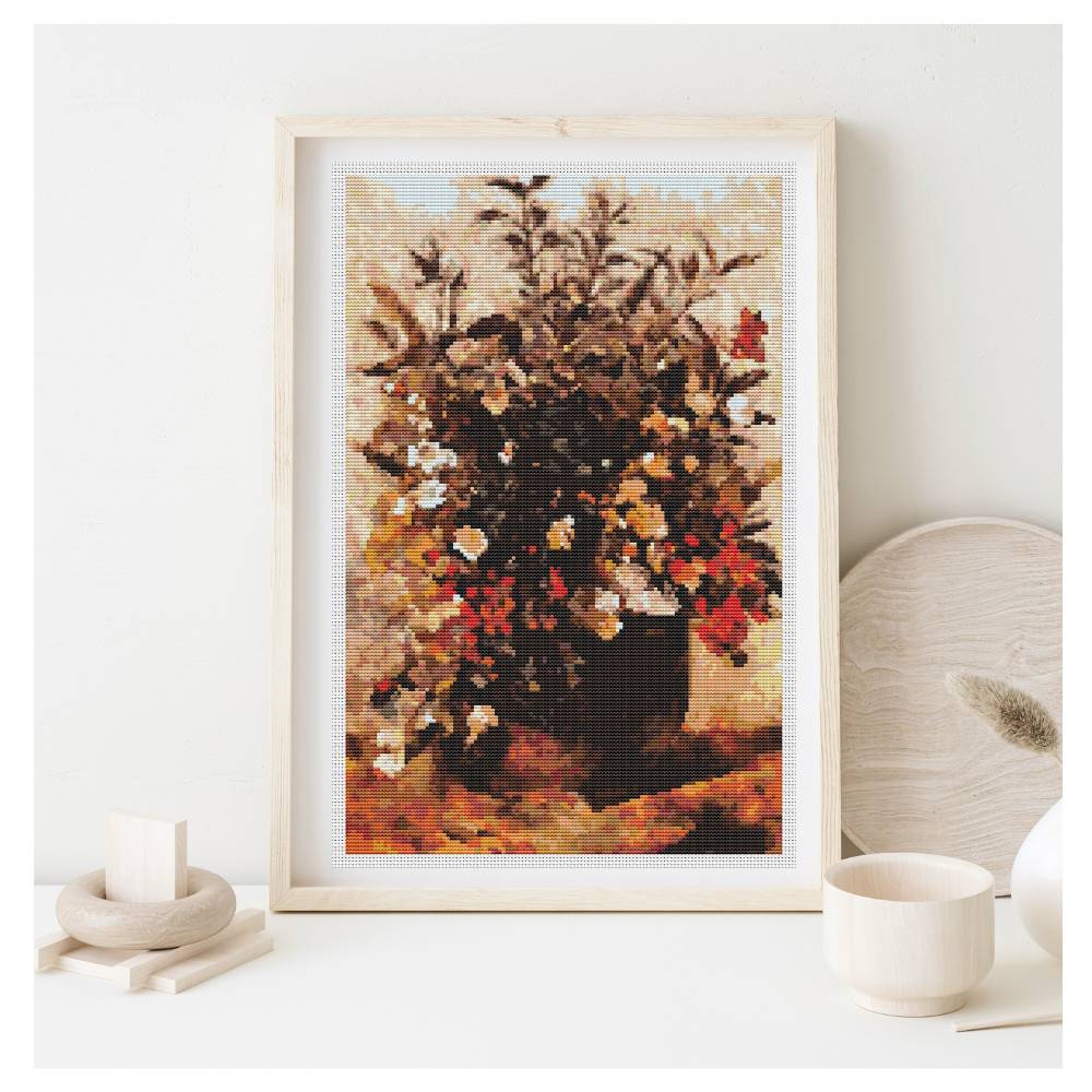 Autumn Berries and Flowers in Brown Pot Counted Cross Stitch Pattern John Constable