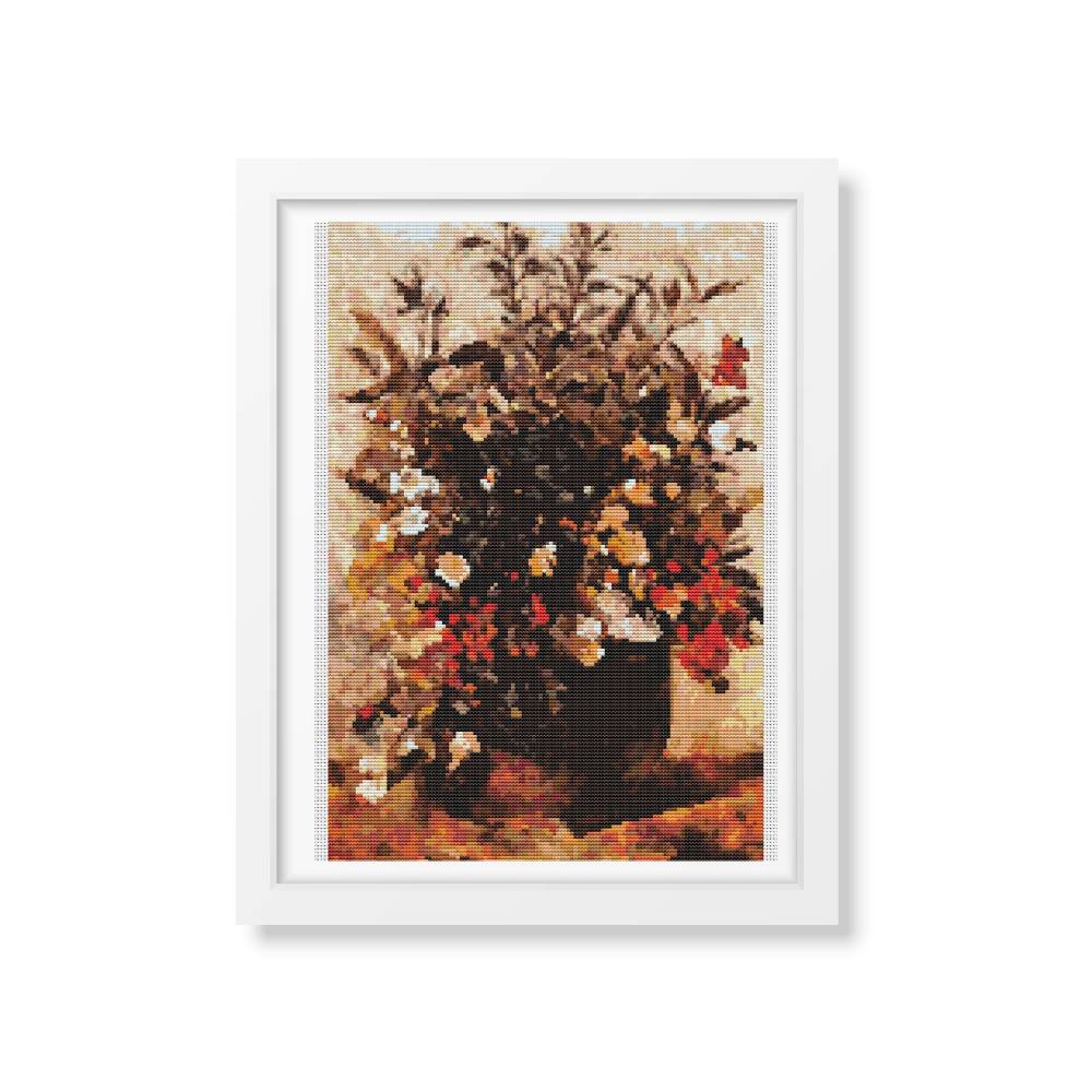 Autumn Berries and Flowers in Brown Pot Cross Stitch Pattern The Art