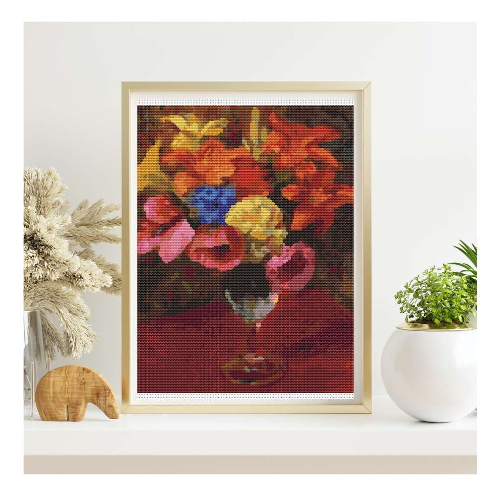 Poppies, Lilies and Blue Flowers Counted Cross Stitch Pattern William James Glackens