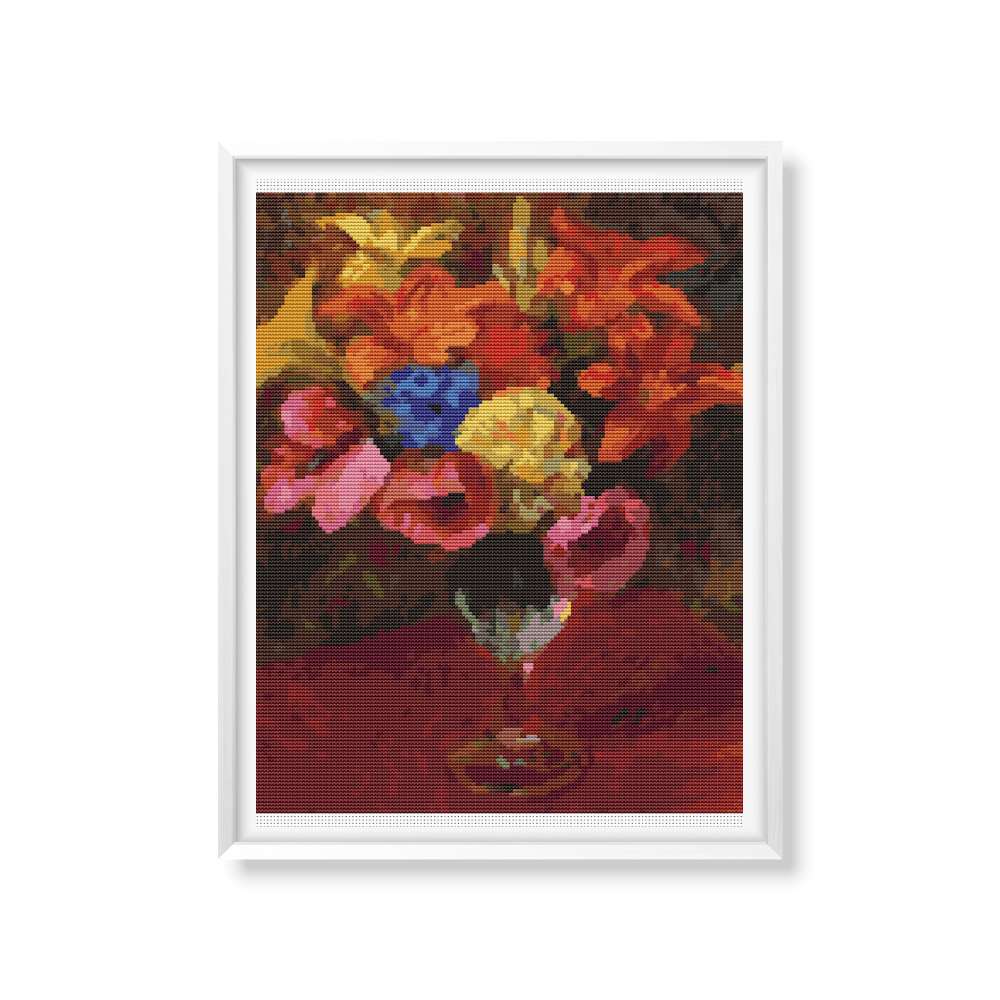 Poppies, Lilies and Blue Flowers Counted Cross Stitch Pattern William James Glackens