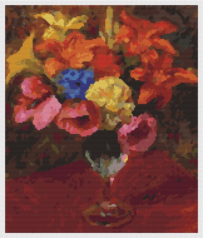 Poppies, Lilies and Blue Flowers Counted Cross Stitch Pattern William James Glackens