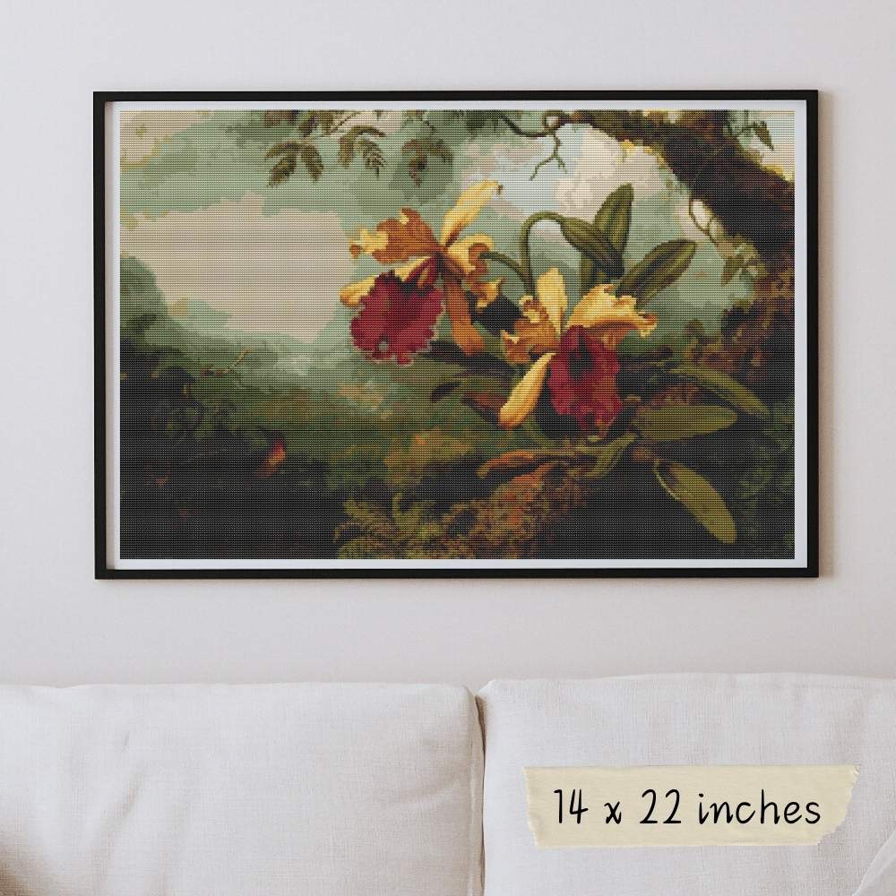 Orchids and Hummingbird Cross Stitch Kit - Premium Cross Stitch Kit - Martin Johnson Heade