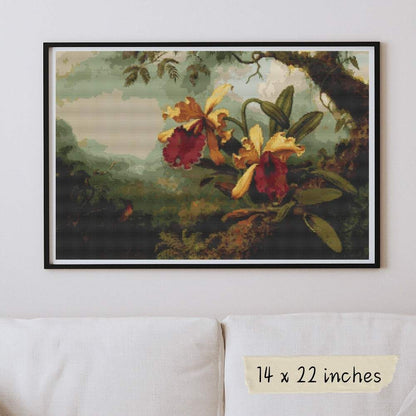 Orchids and Hummingbird Cross Stitch Kit - Premium Cross Stitch Kit - Martin Johnson Heade