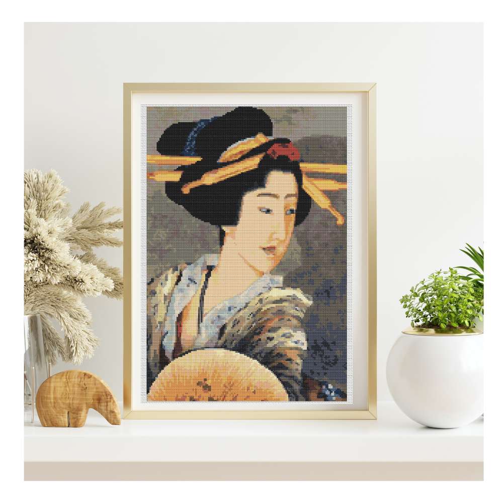 Portrait of A Woman Holding a Fan Counted Cross Stitch Pattern Katsushika Hokusai