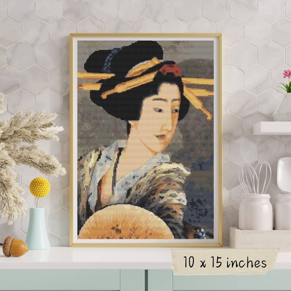 Portrait of A Woman Holding a Fan Cross Stitch Kit - Premium Cross Stitch Kit - Katsushika Hokusai