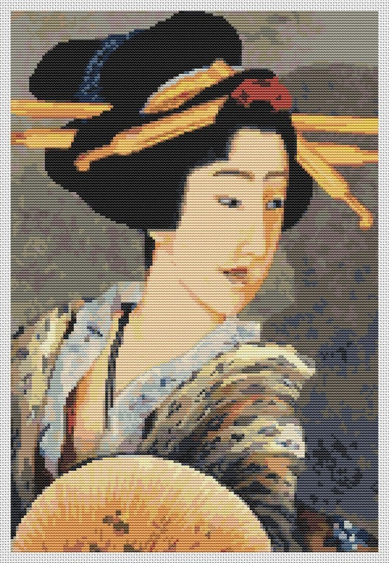 Portrait of A Woman Holding a Fan Counted Cross Stitch Pattern Katsushika Hokusai