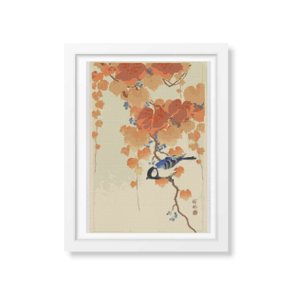 Great Tit on Paulownia Branch Counted Cross Stitch Pattern Ohara Koson