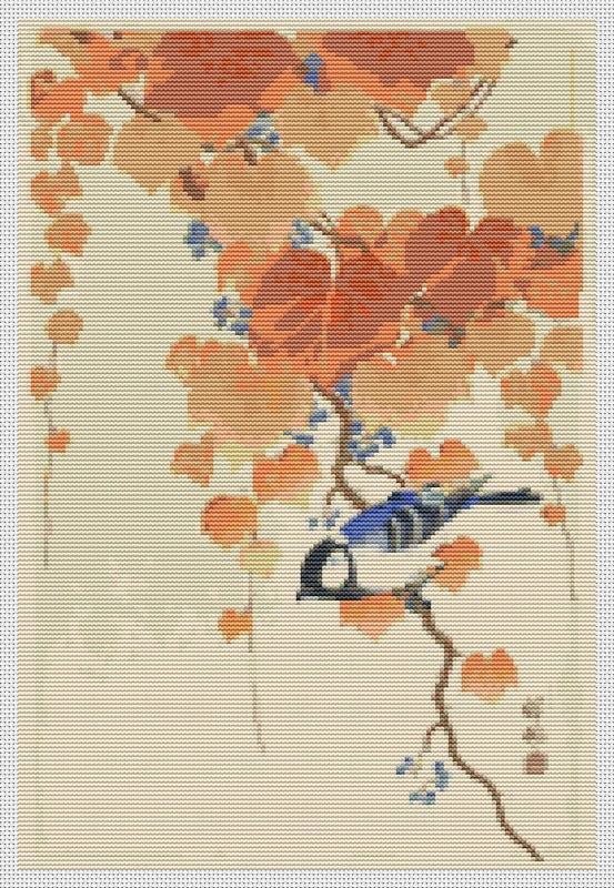 Great Tit on Paulownia Branch Counted Cross Stitch Kit Ohara Koson