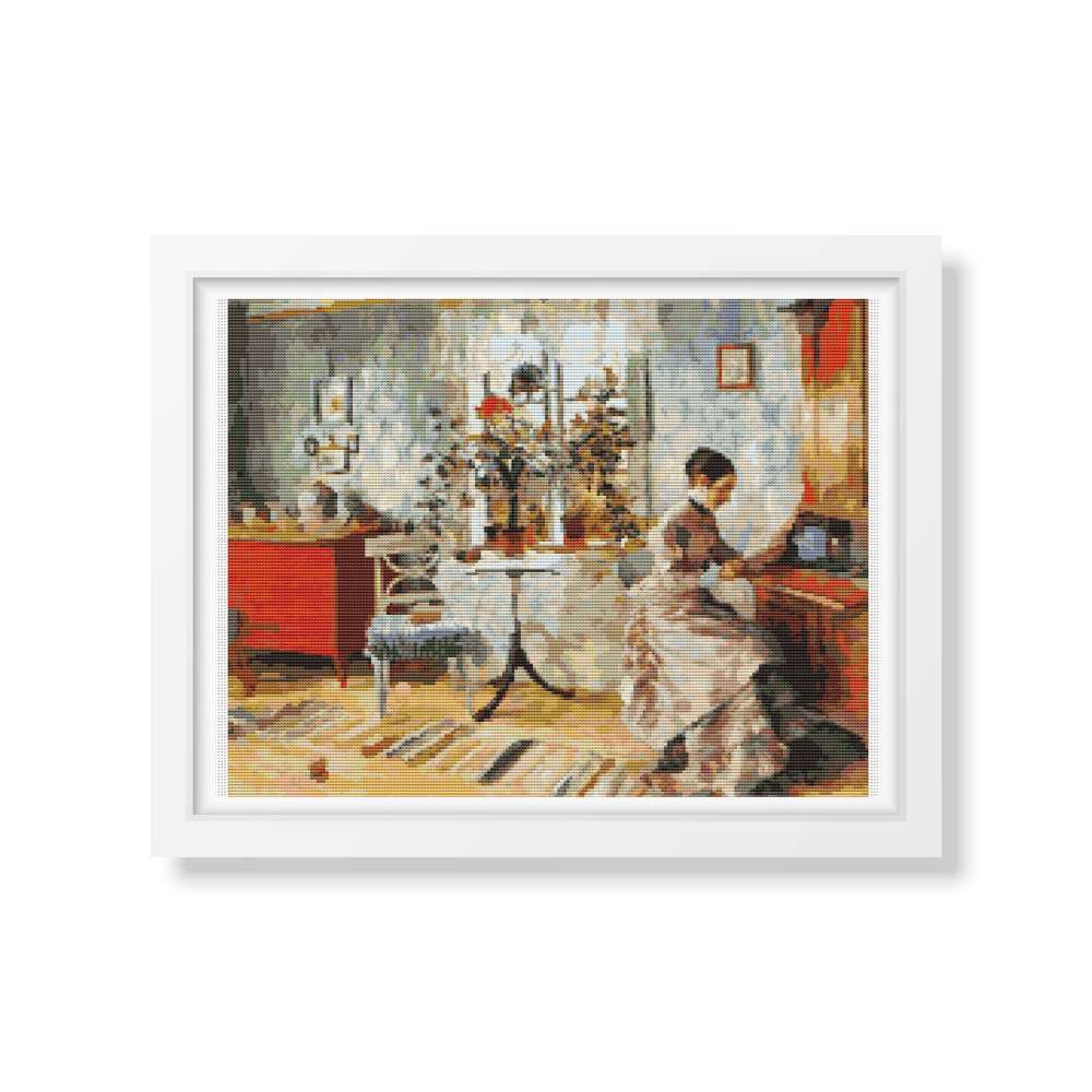 An Interior with a Woman Reading Counted Cross Stitch Pattern Carl Larsson