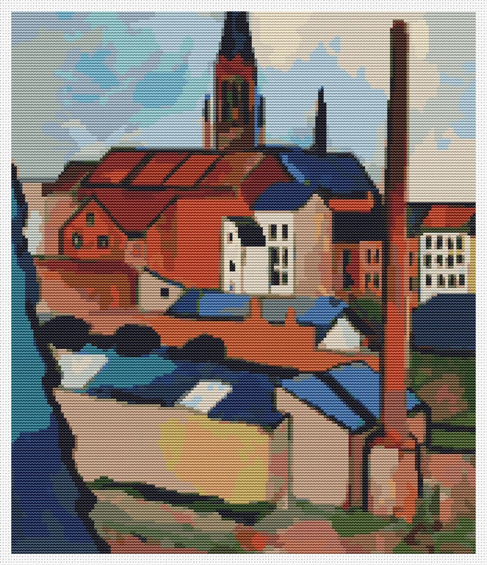 St. Mary's with Houses and Chimney Counted Cross Stitch Pattern August Macke