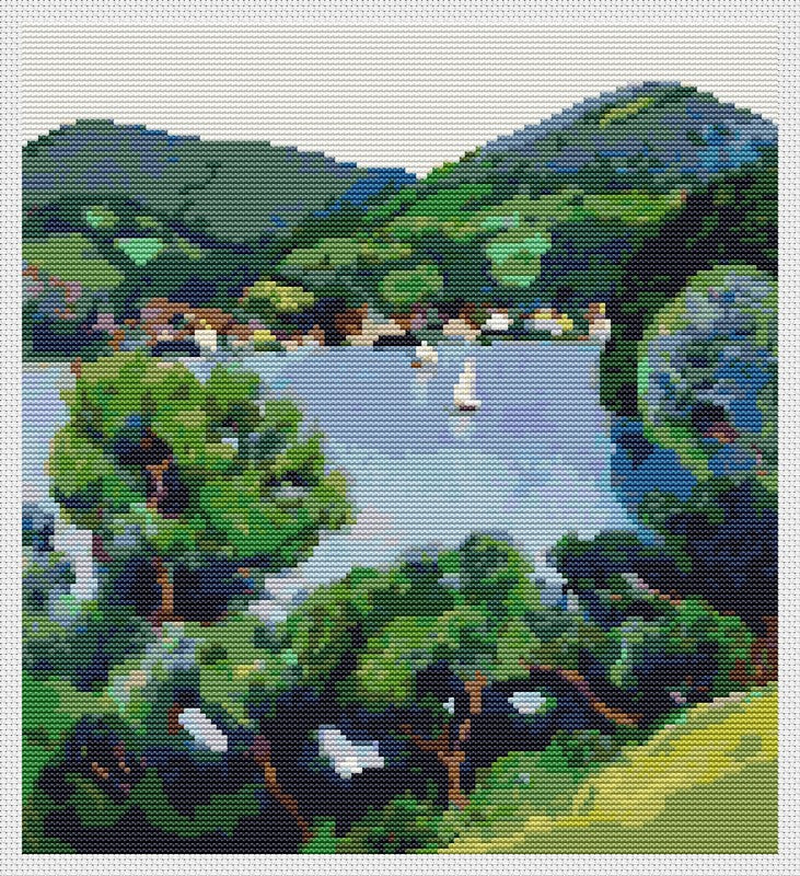 View of Tegernsee Counted Cross Stitch Pattern August Macke