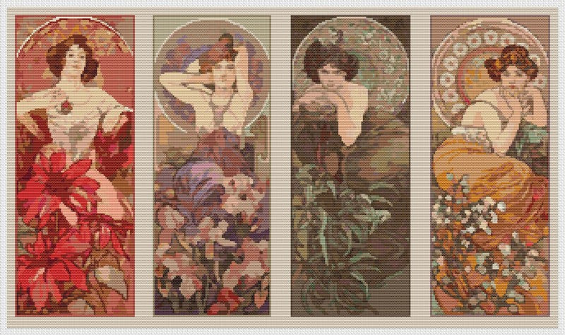 The Four Gemstones Counted Cross Stitch Pattern Alphonse Mucha