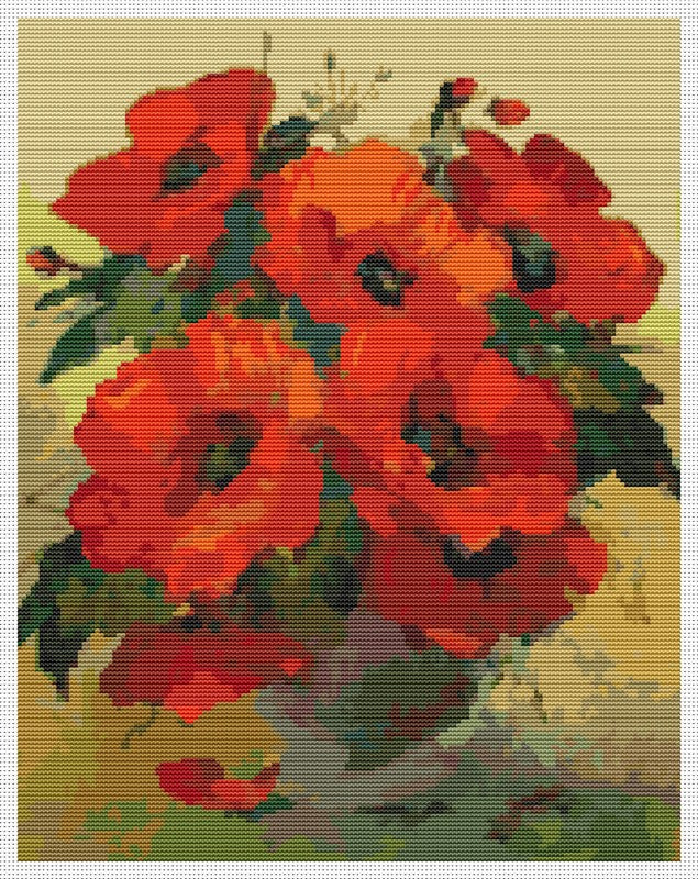 Poppies in a Vase Counted Cross Stitch Pattern William Jabez Muckley