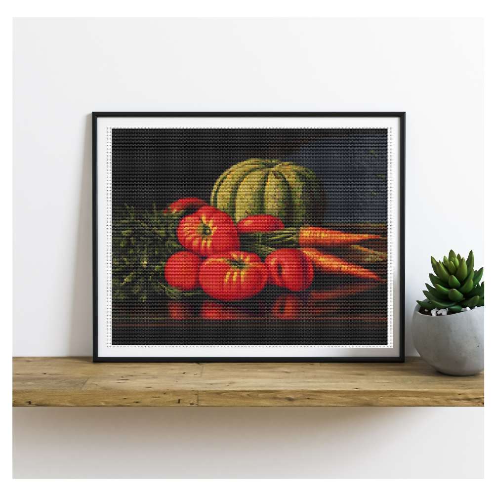 Still Life with Cantaloupe, Tomatoes, and Carrots Counted Cross Stitch Kit Levi Wells Prentice