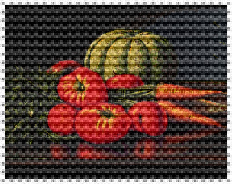 Still Life with Cantaloupe, Tomatoes, and Carrots Counted Cross Stitch Kit Levi Wells Prentice