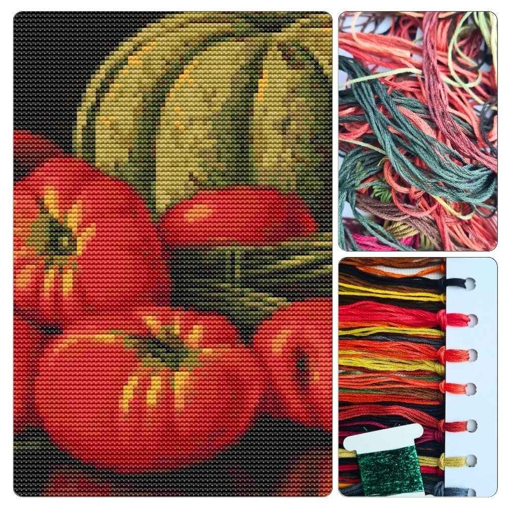Still Life with Cantaloupe, Tomatoes, and Carrots Cross Stitch Kit - Premium Cross Stitch Kit - Levi Wells Prentice