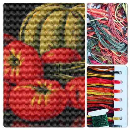 Still Life with Cantaloupe, Tomatoes, and Carrots Cross Stitch Kit - Premium Cross Stitch Kit - Levi Wells Prentice