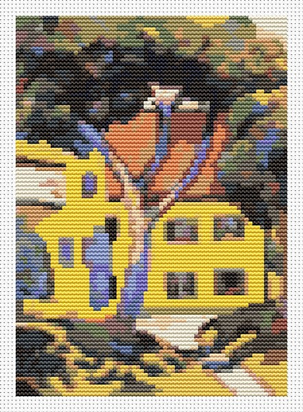 House in a Landscape Mini Counted Cross Stitch Pattern August Macke