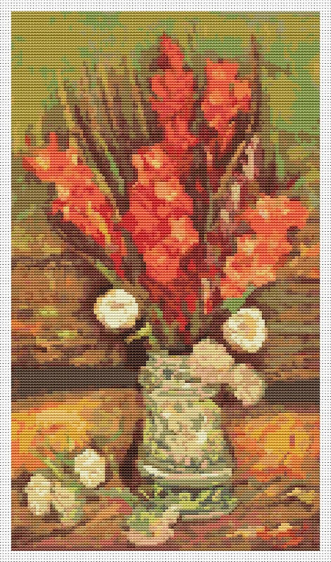 Vase with Red Gladioli Counted Cross Stitch Pattern Vincent Van Gogh