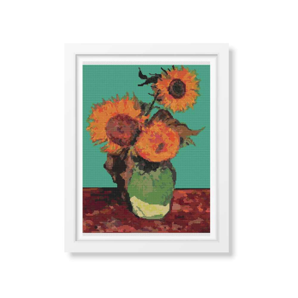 Vase with Three Sunflowers Counted Cross Stitch Pattern Vincent Van Gogh