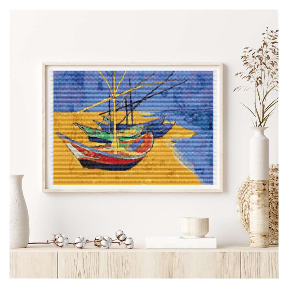 Boats on a Beach Counted Cross Stitch Pattern Vincent Van Gogh