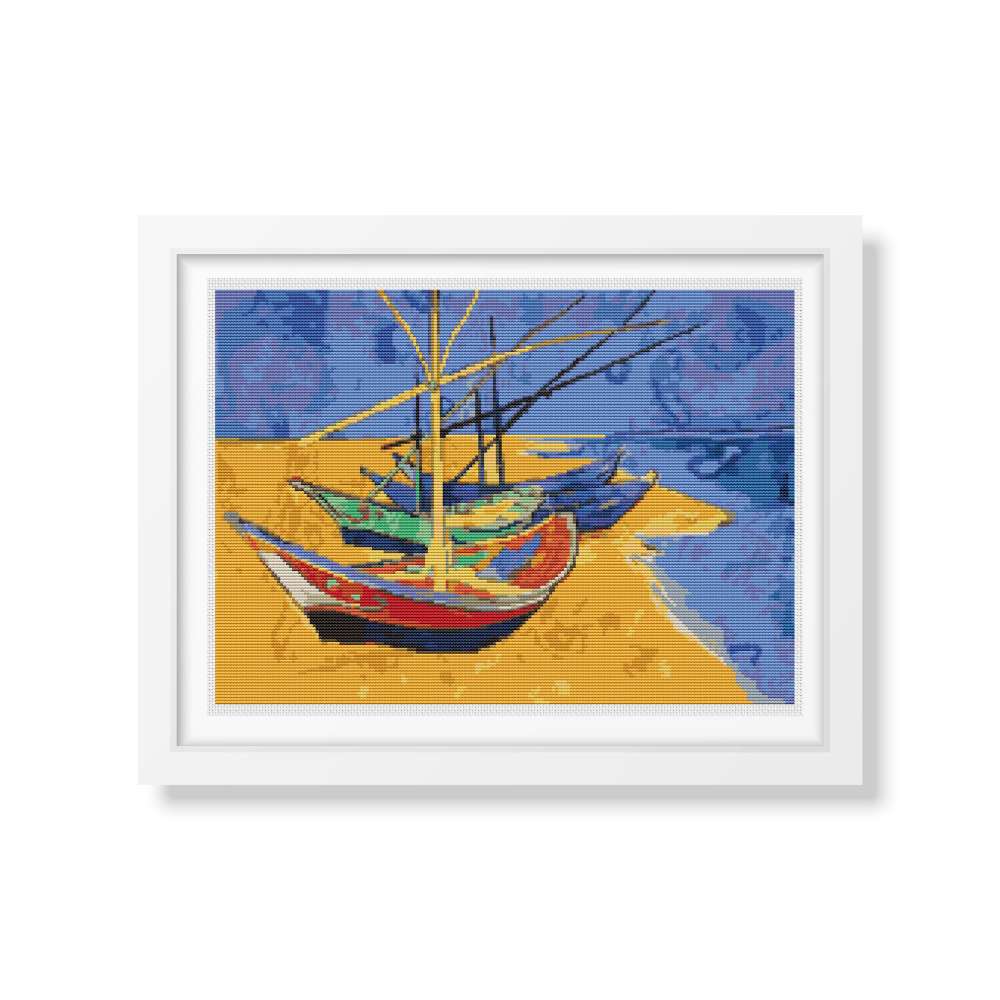 Boats on a Beach Counted Cross Stitch Pattern Vincent Van Gogh