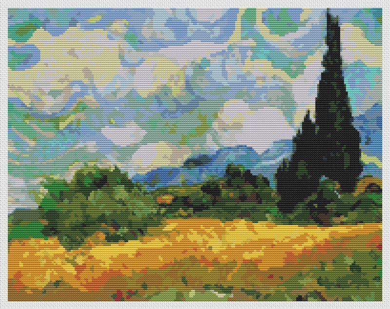 Wheatfield with Cypresses Counted Cross Stitch Pattern Vincent Van Gogh