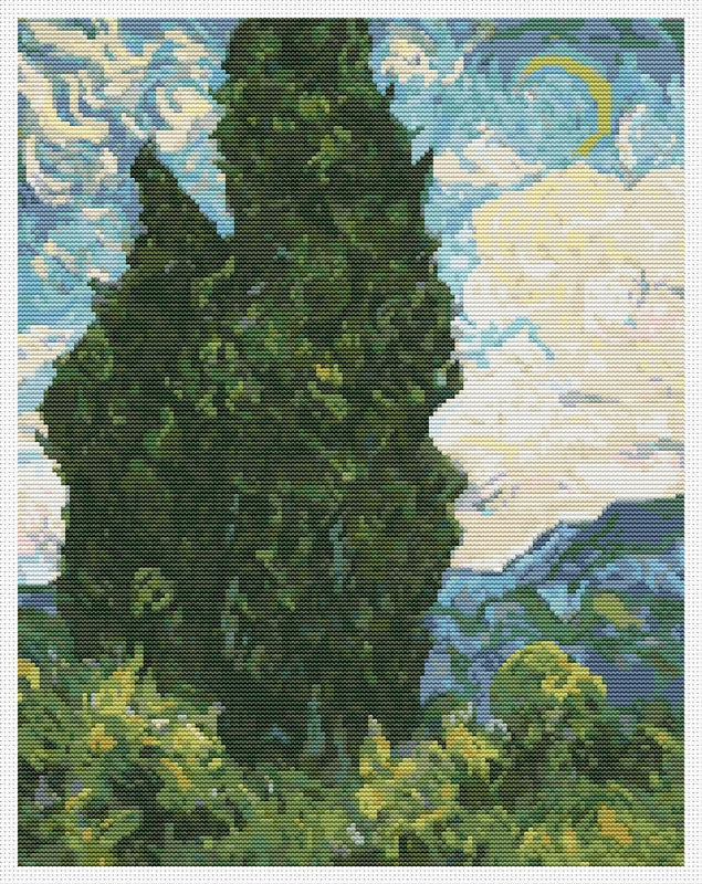 Cypresses Counted Cross Stitch Pattern Vincent Van Gogh