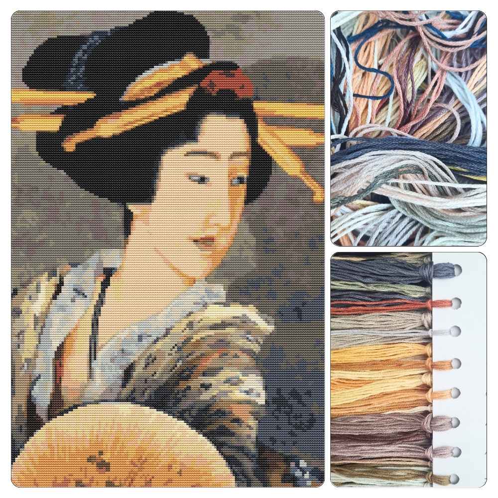 Portrait of A Woman Holding a Fan Cross Stitch Kit - Premium Cross Stitch Kit - Katsushika Hokusai