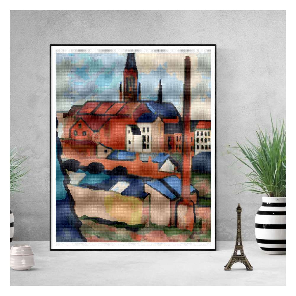 St. Mary's with Houses and Chimney Counted Cross Stitch Pattern August Macke