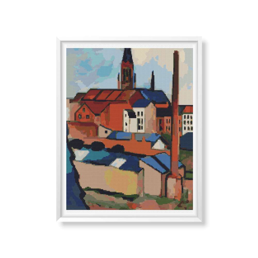 St. Mary's with Houses and Chimney Counted Cross Stitch Pattern August Macke