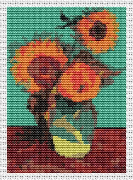 Vase with Three Sunflowers Mini Counted Cross Stitch Pattern Vincent Van Gogh